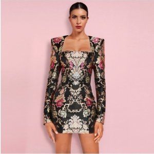 Gold Square Collar Long Sleeve Mini Embroidered Bo